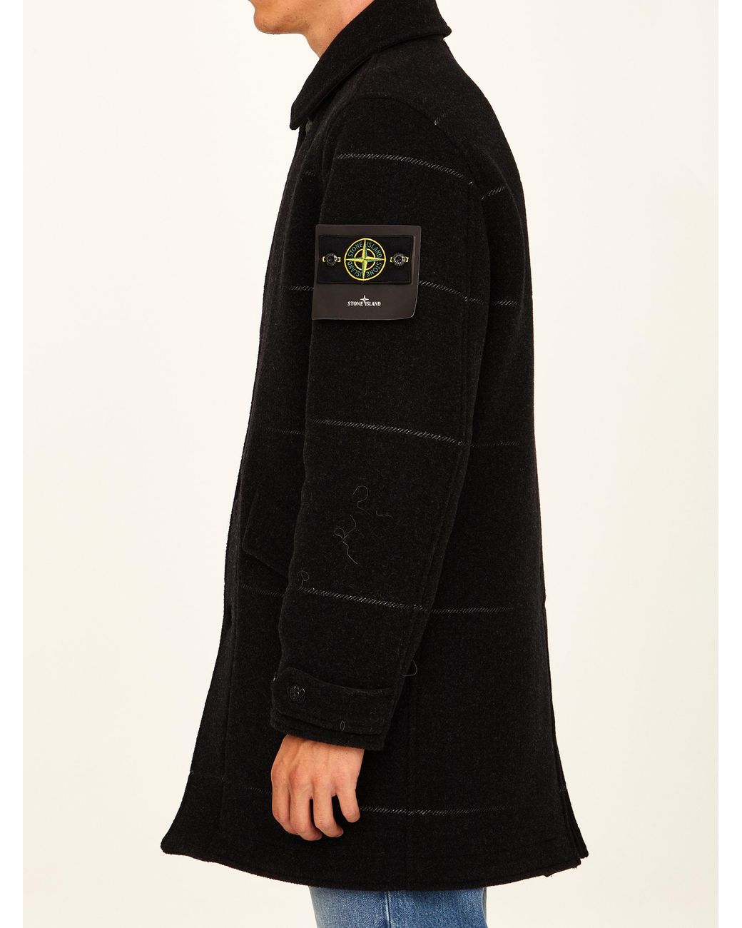 Stone Island Black Striped Single-Breasted Coat for men