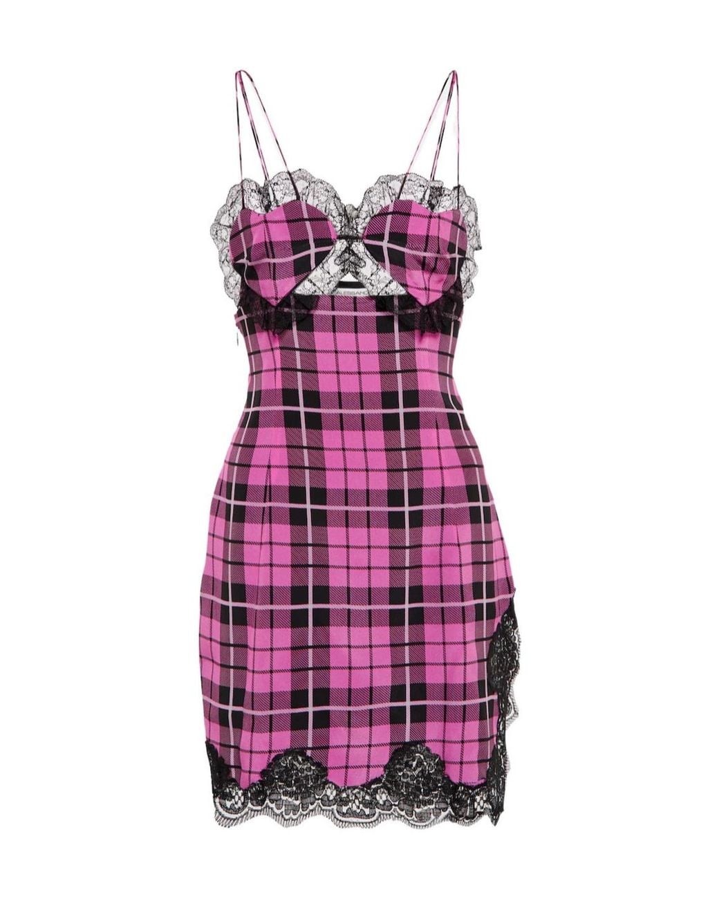 Alessandra Rich Purple Lace-Trimmed Checked Silk Minidress