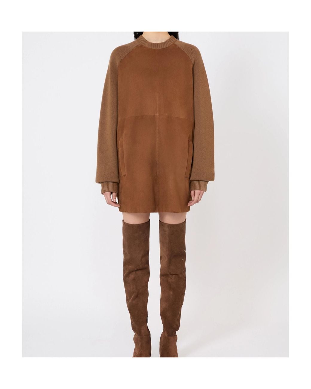Max Mara Brown Crewneck Knit Long-Sleeve Dress