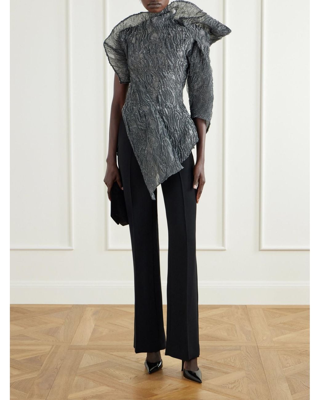 Maticevski Gray Scintilla Asymmetric Crinkled-Georgette Blouse