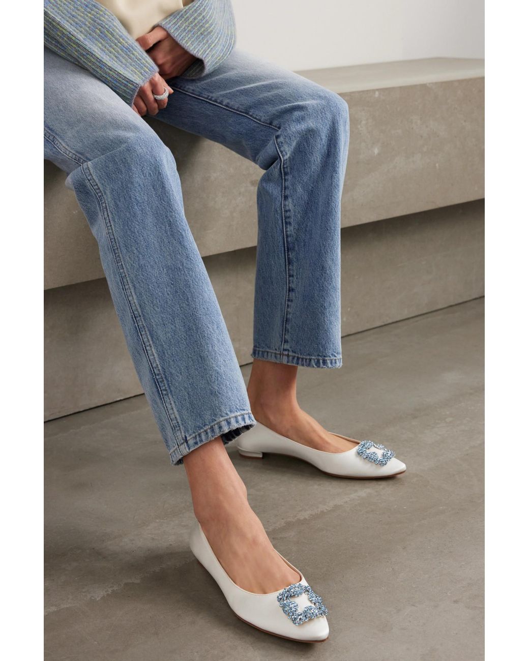 Manolo Blahnik White Crystal Embellished Flats