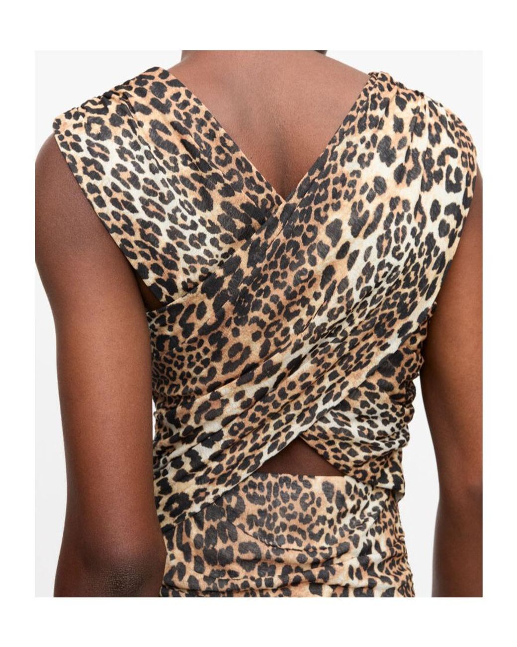 Ganni Natural Leopard Ruched V-Neck Dress