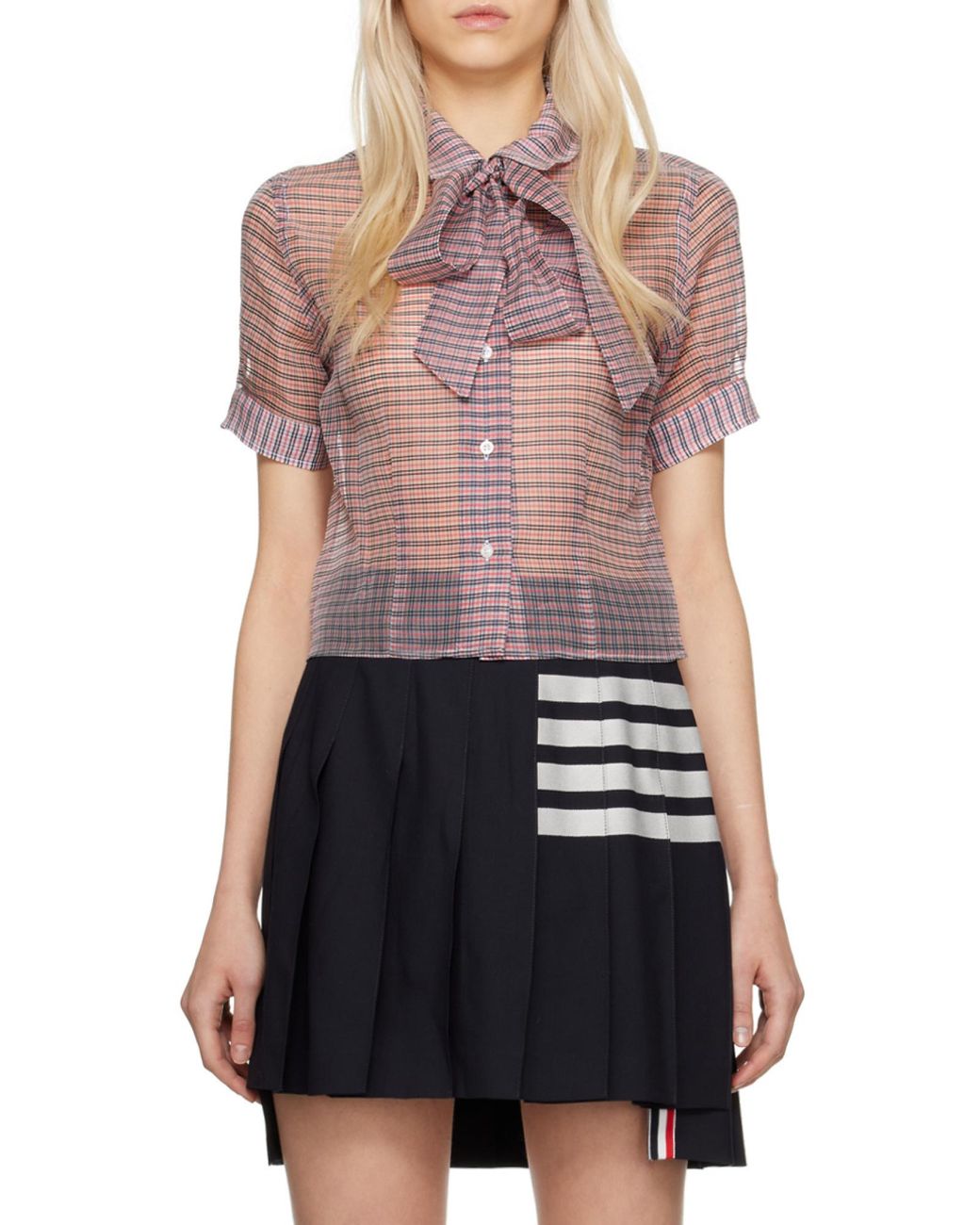 Thom Browne Gray Bow Collar Checked Blouse