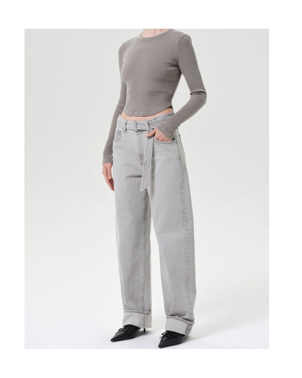 Agolde Gray Ribbed Long-Sleeve Top