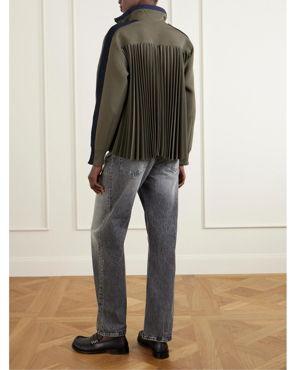 Sacai Green Pleated Tech-Jersey Blouson Jacket
