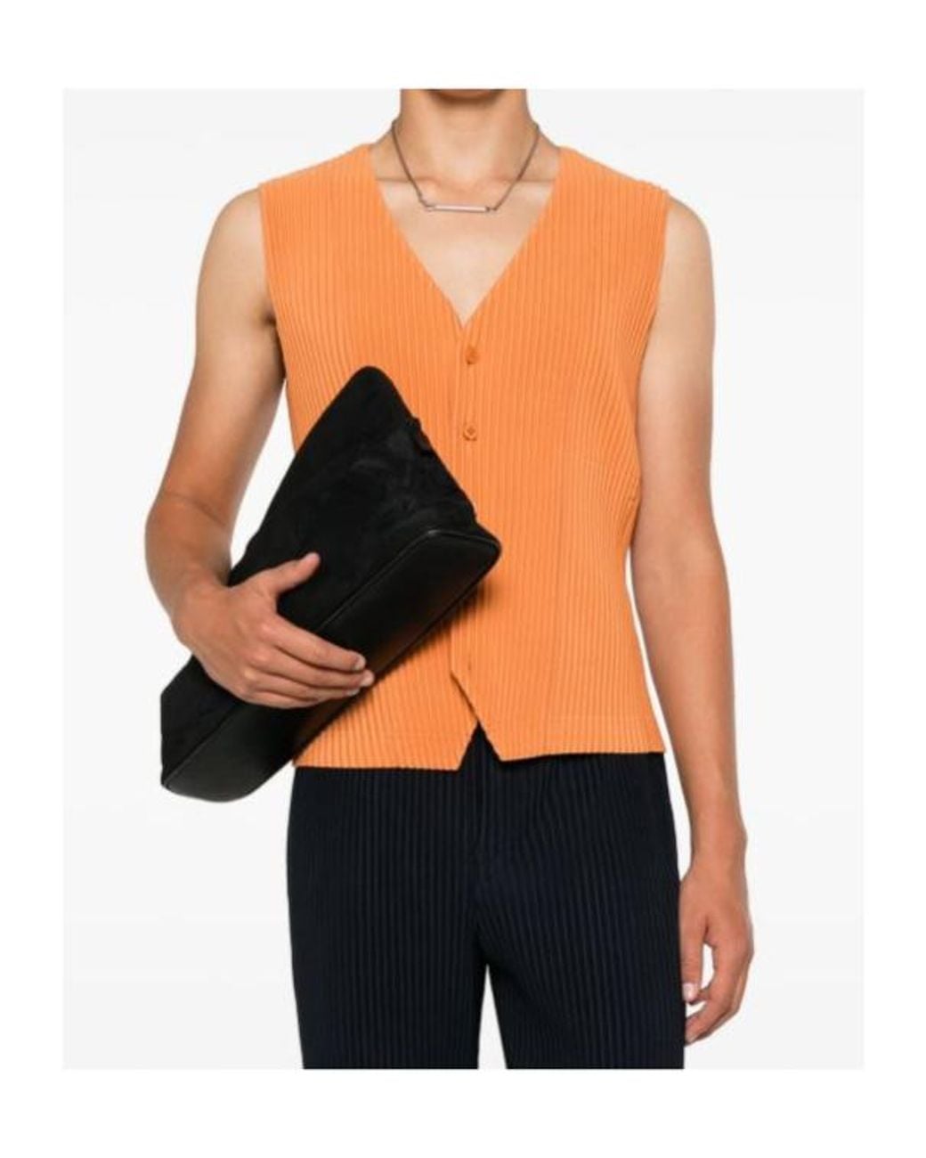 Homme Plissé Issey Miyake Orange Plissé-Effect V-Neck Sweater for men