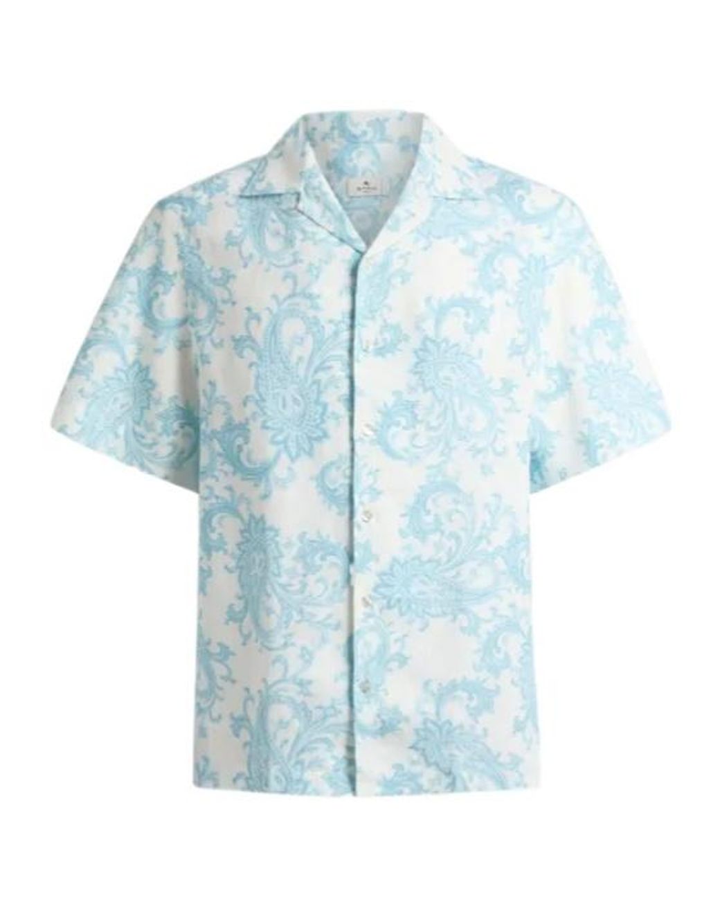 Etro Blue Linen Bowling Shirt With Paisley Motif for men