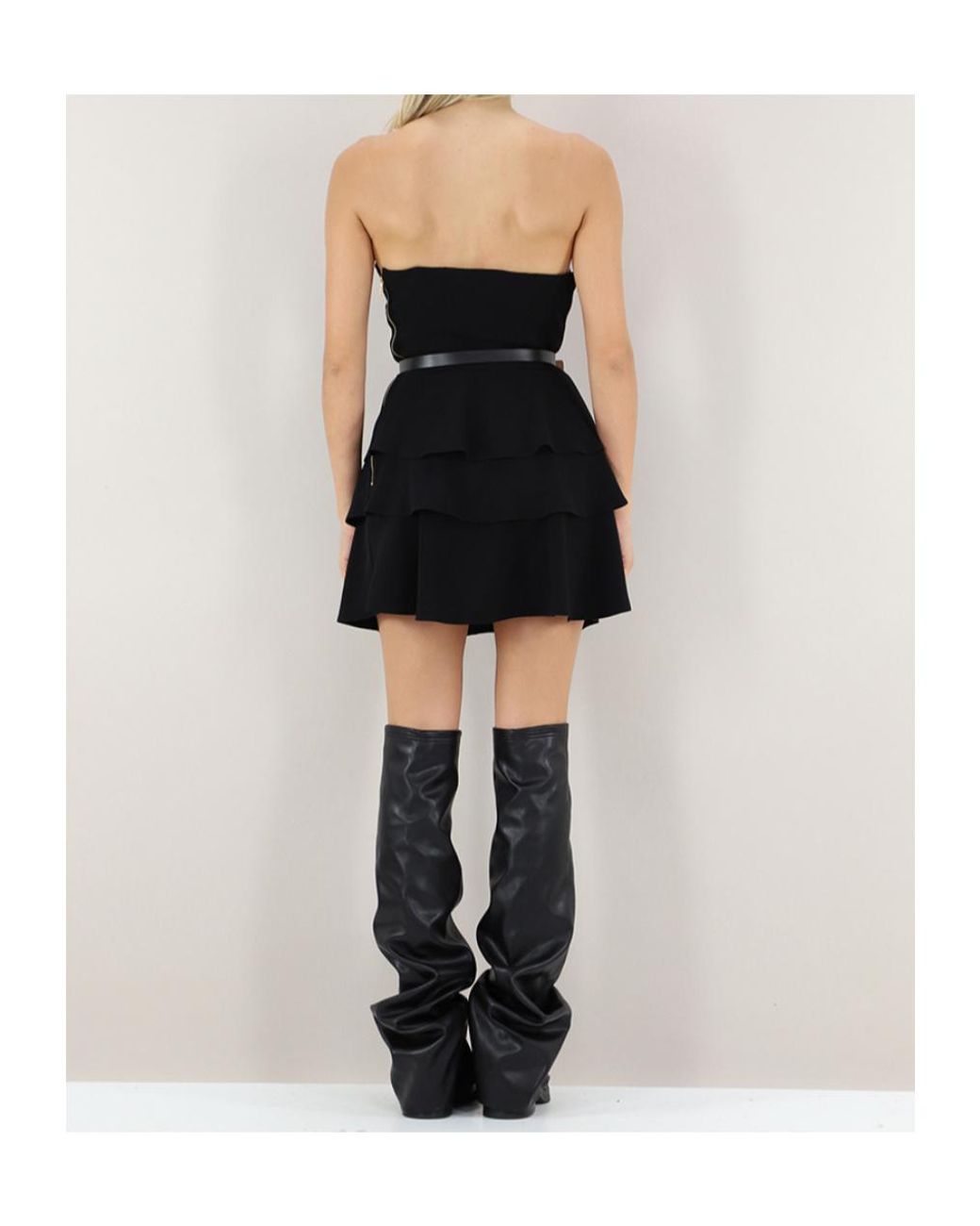 Elisabetta Franchi Black Belted Tiered Mini Dress