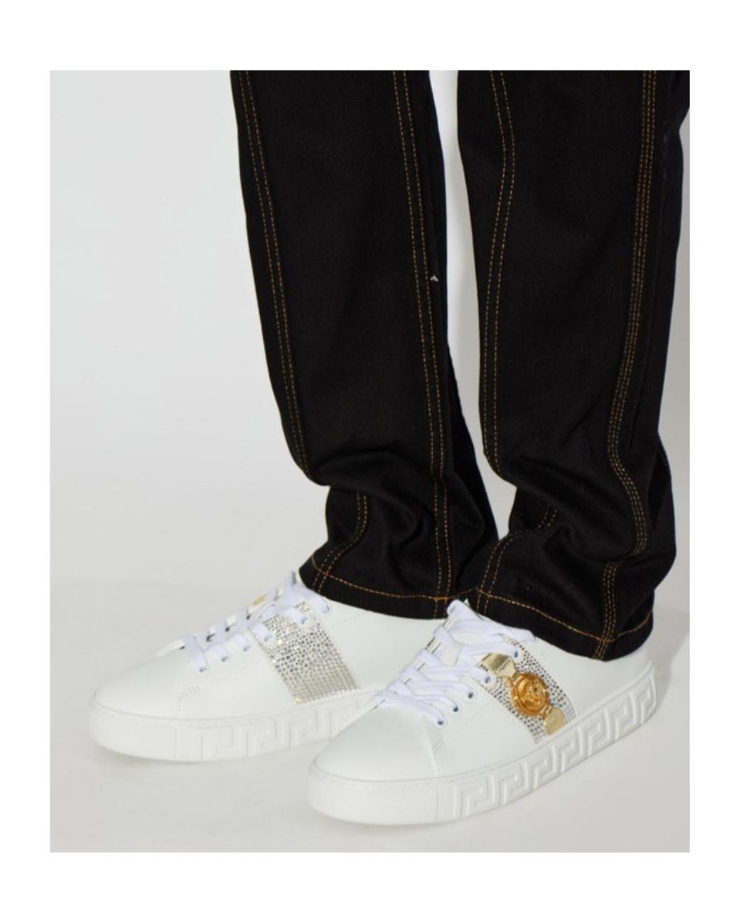 Versace White Greca Embellished Lace-Up Sneakers