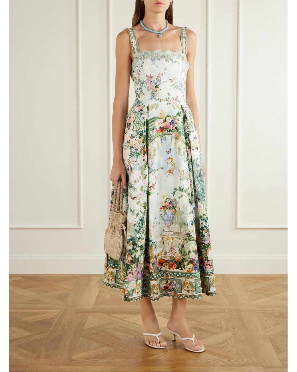 Camilla White Empress Lace-Trimmed Printed Cotton-Blend Midi Dress
