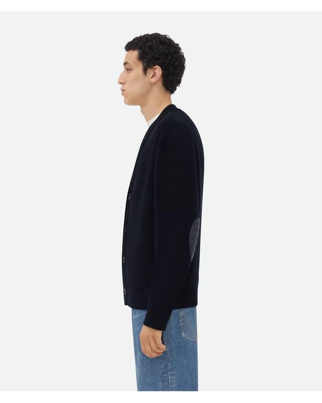 Bottega Veneta Blue Intrecciato Leather Patch Embellished Cardigan for men