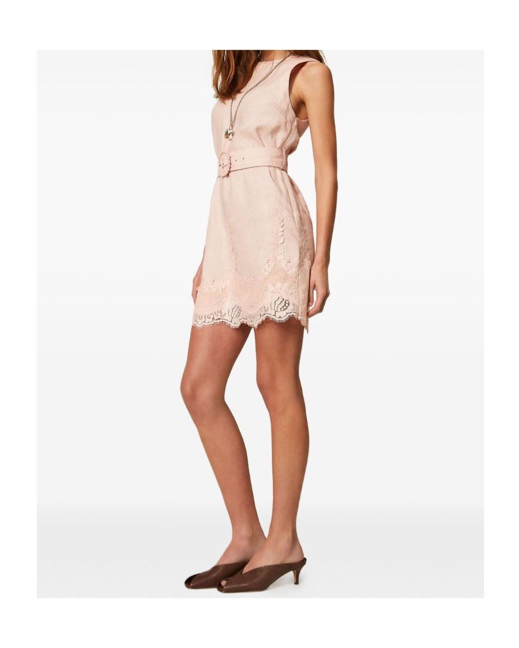 Twinset Pink Belted Lace-Trim Mini Dress