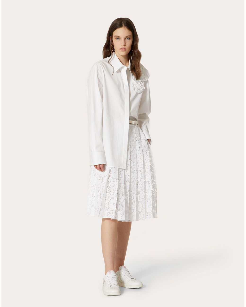 Valentino White Floral-Lace Pleated Skirt