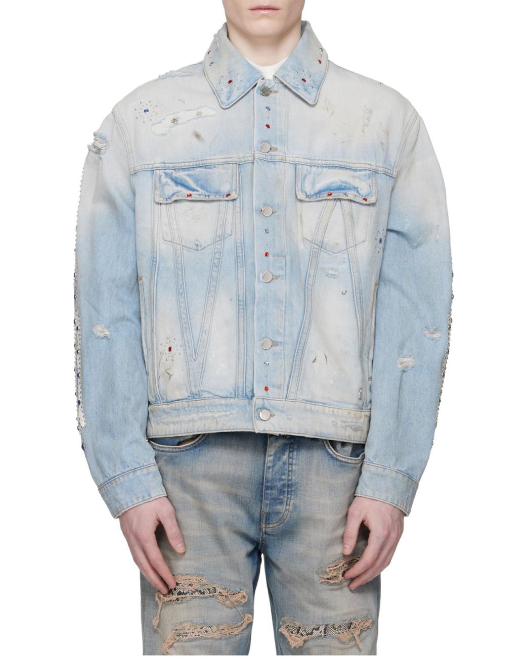 Amiri Blue Studded Distressed Denim Jacket for men