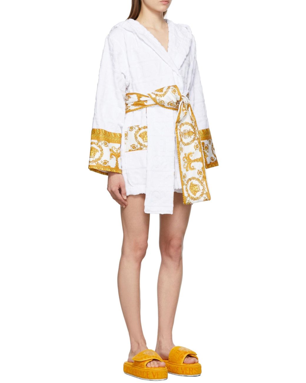 Versace White Baroque Printed Belted Waist Robe