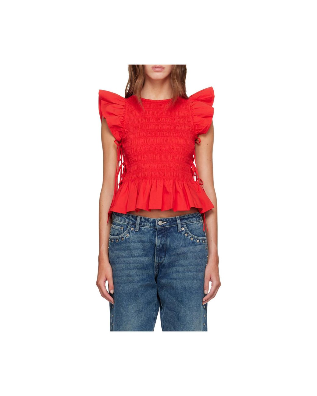 Ganni Red Smocked Peplum Tops