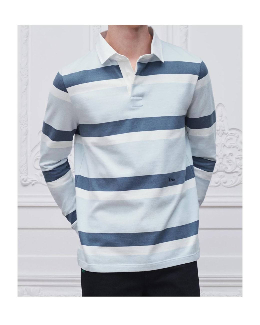 Dior Blue Homme Striped Long Sleeve Polo Shirt for men