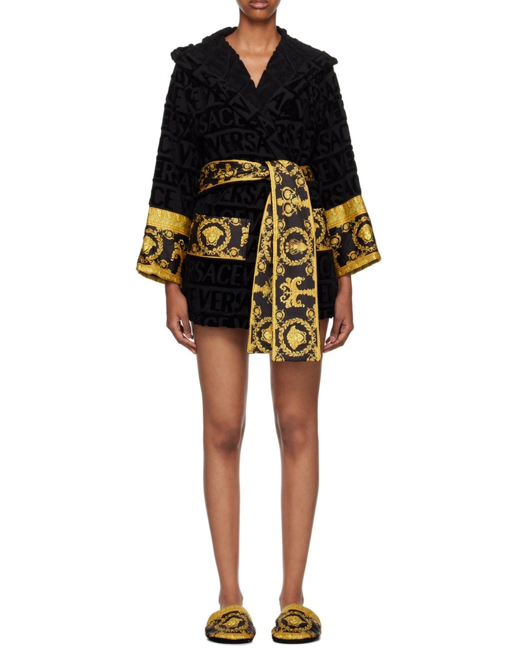 Versace Black Baroque Printed Belted Waist Robe for men