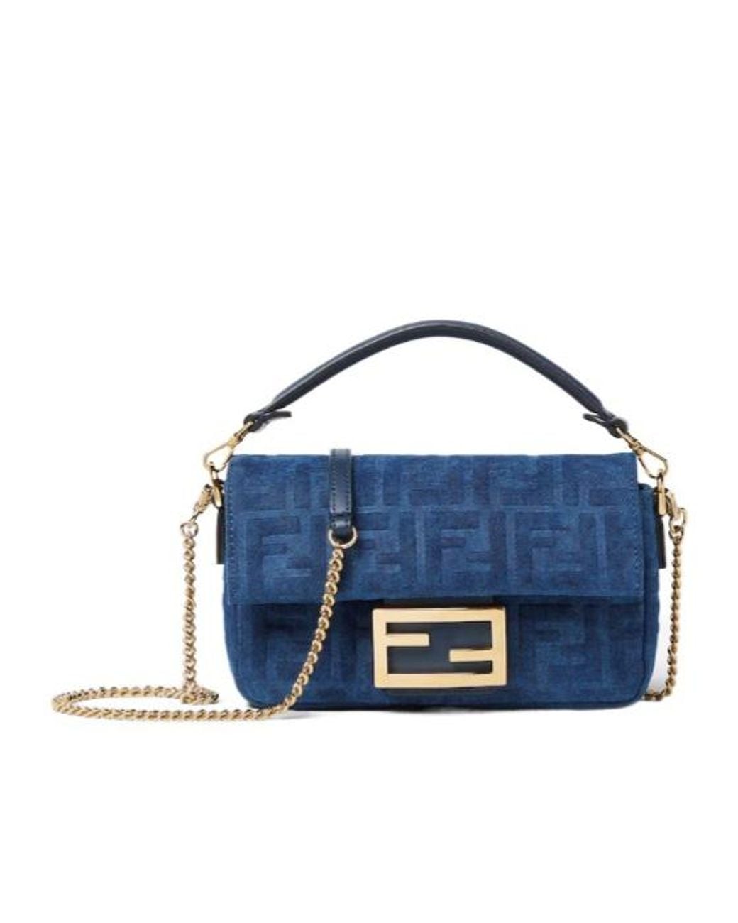 Fendi Blue Baguette Mini Flocked Ff Denim Bag