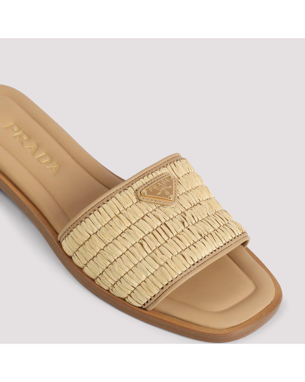 Prada Natural Logo Plaque Square Toe Sandals