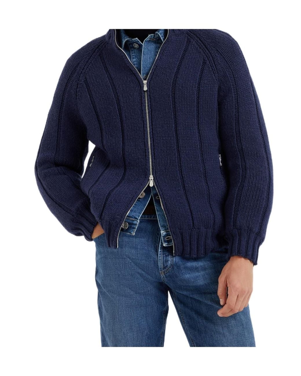 Brunello Cucinelli Blue Zip-Up Ribbed-Knit Jacket for men