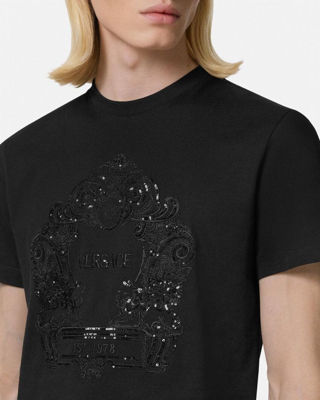 Versace Black Cartouche-Embellished Cotton T-Shirt for men