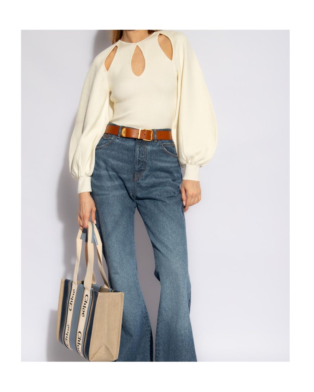 Chloé Natural Cut-Out Puff-Sleeve Sweater