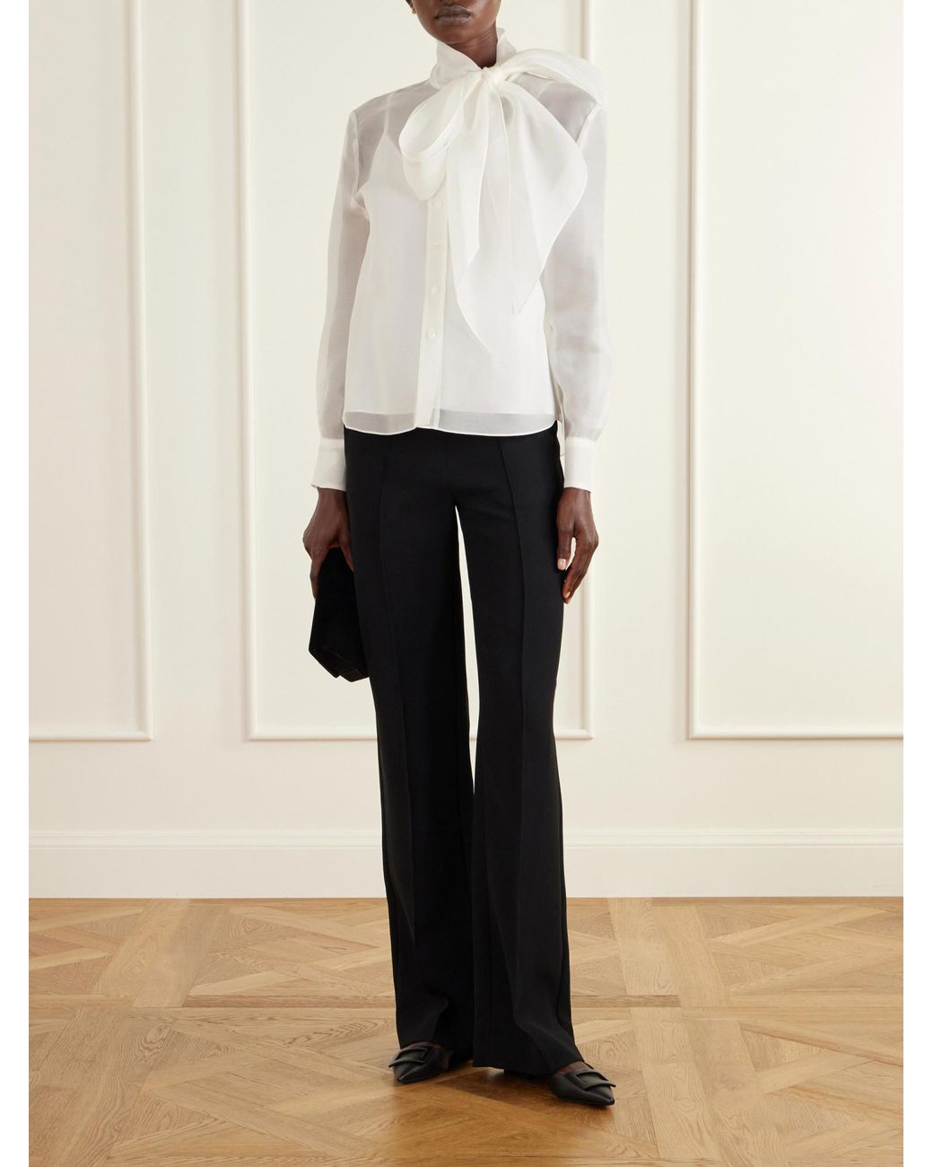 Carolina Herrera White Pussy-Bow Silk-Organza Blouse