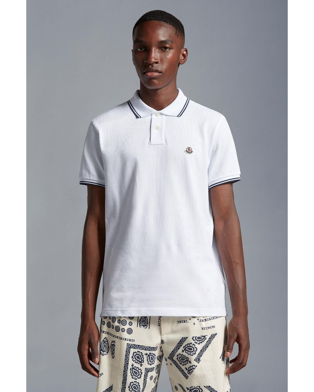 Moncler White Logo Patch Short-Sleeved Polo Shirt for men