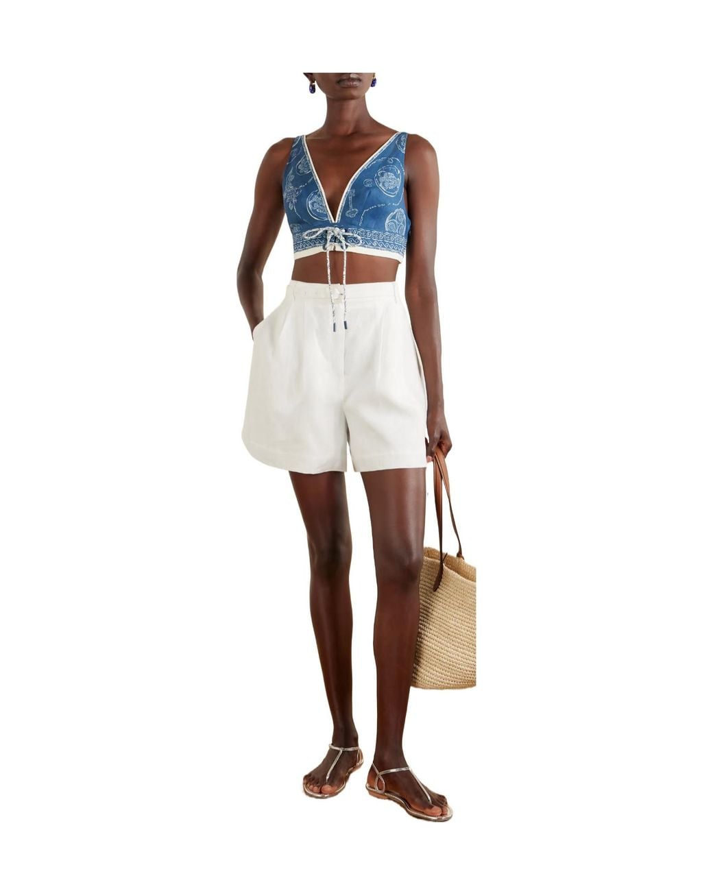 ALÉMAIS Blue Lucky Cropped Printed Linen Top