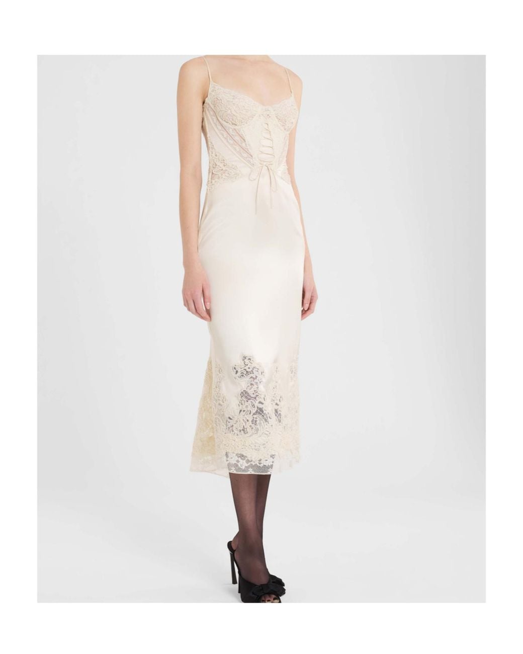 Ermanno Scervino White Silk Satin Lingerie Midi Dress With Rebrodé Lace