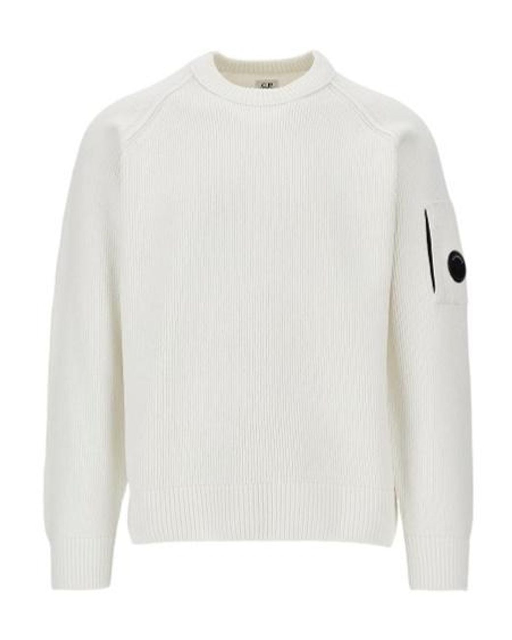 C P Company White Ribbed Lens Knitted Sweater for men