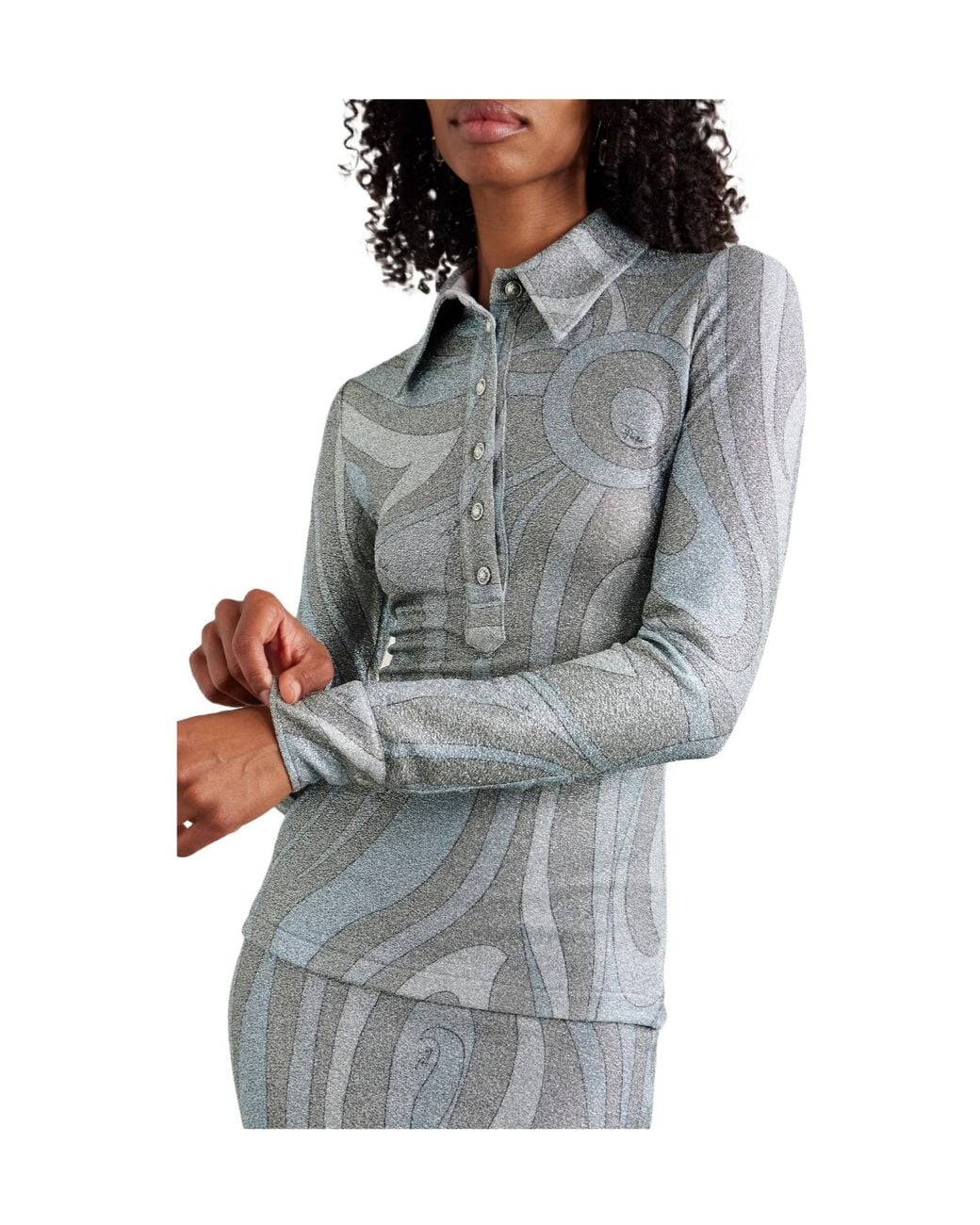Emilio Pucci Gray Printed Metallic Jersey Polo Shirt