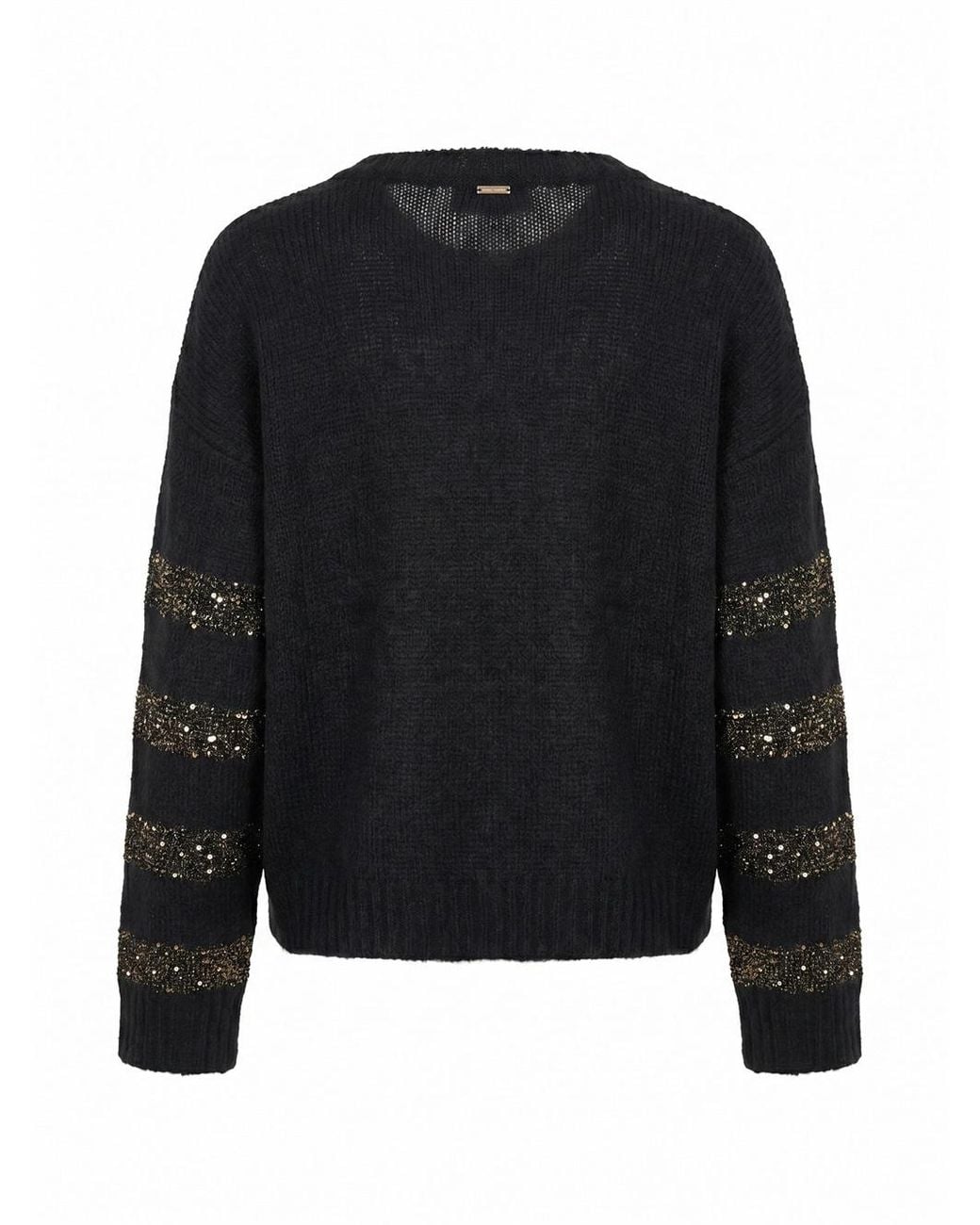 Twinset Black Sequin-Embellished Striped-Details Crew-Neck Sweater