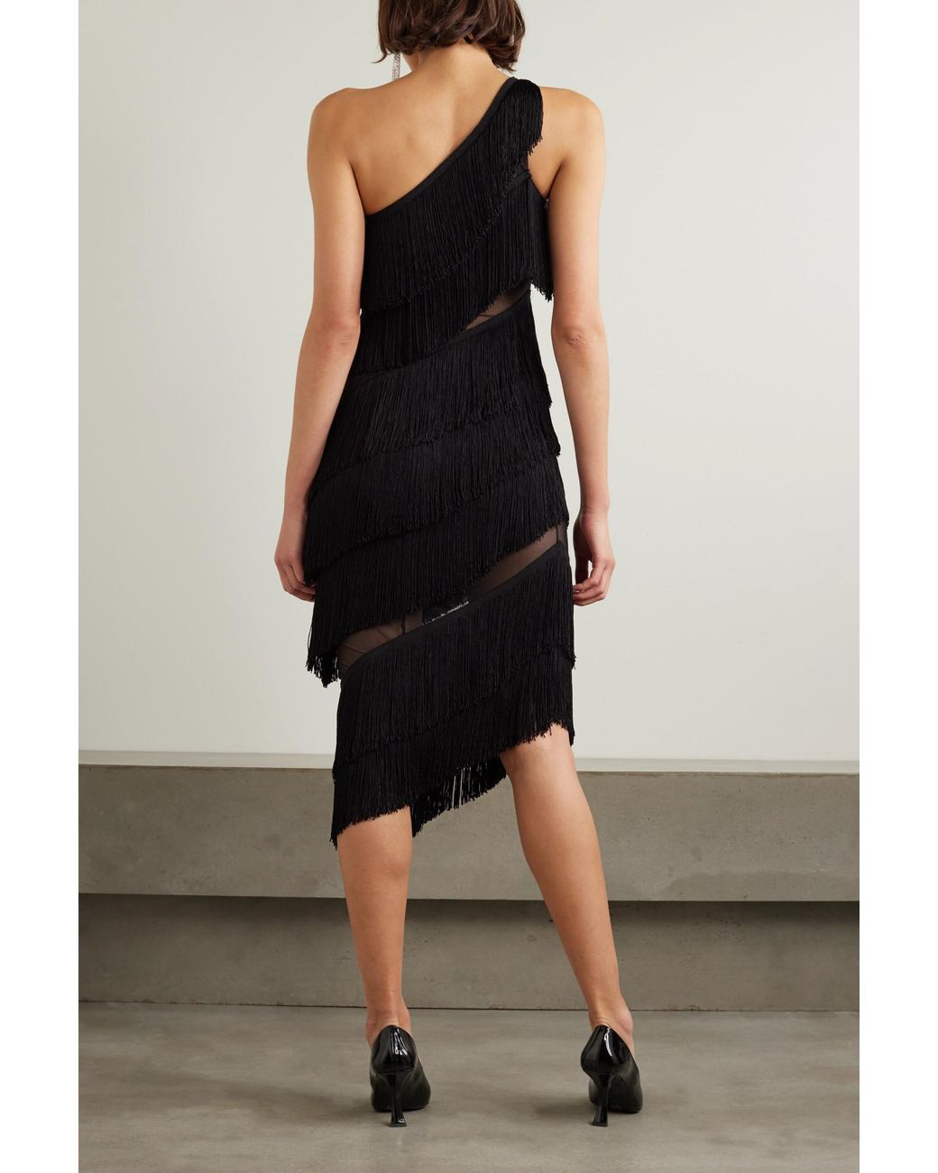 Norma Kamali Black One-Shoulder Tassel Dress