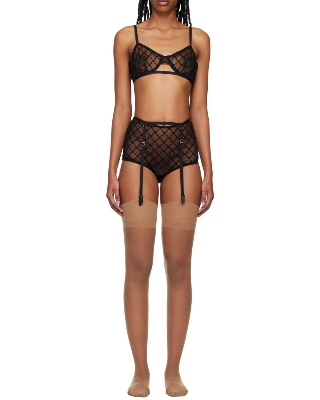 Gucci Black Gg Star Embroidered Tulle Lingerie Set