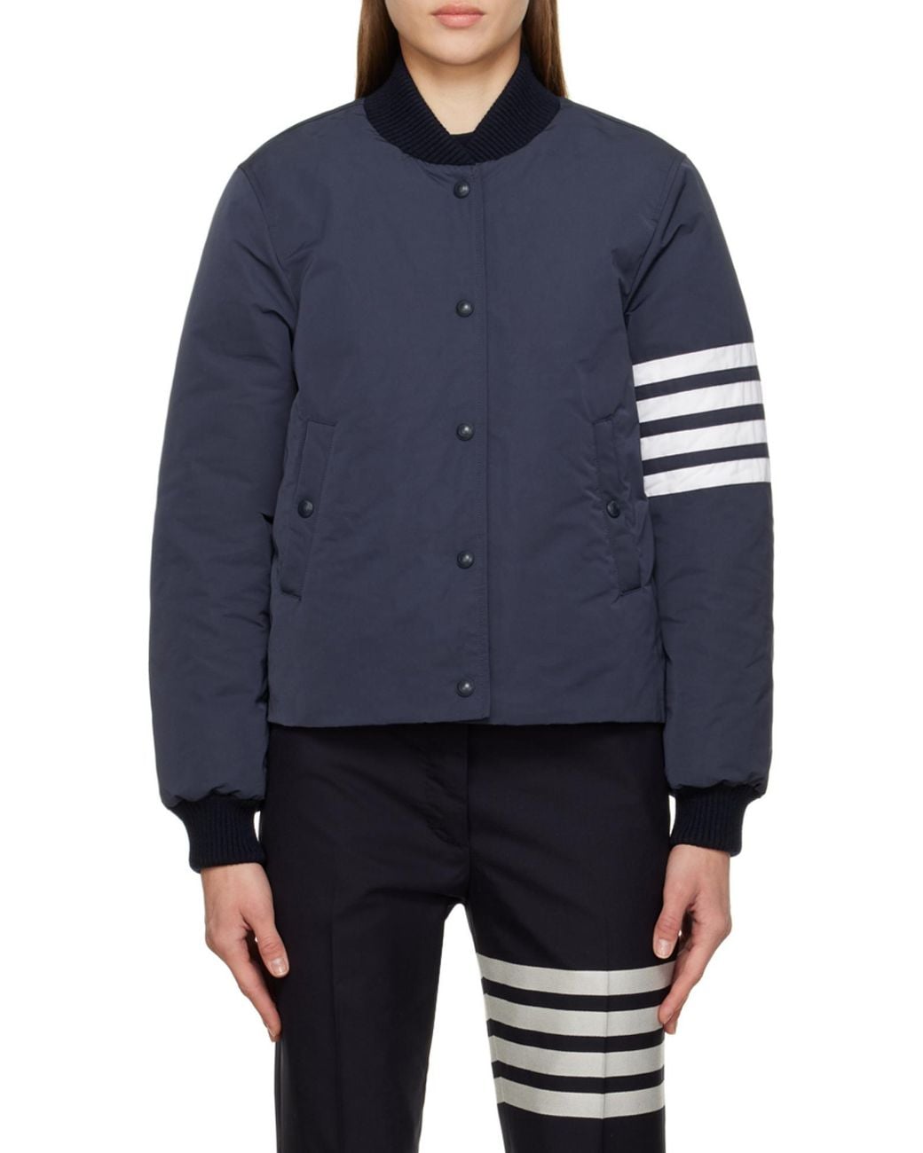 Thom Browne Blue Tech Faille 4 Striped Down Jacket