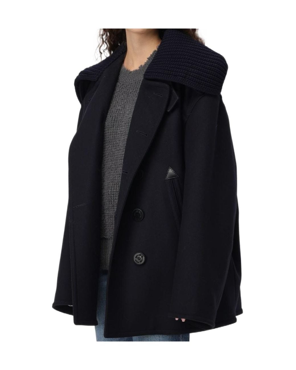 DSquared² Blue Ribbed-Knit Collar Double-Breasted Coat