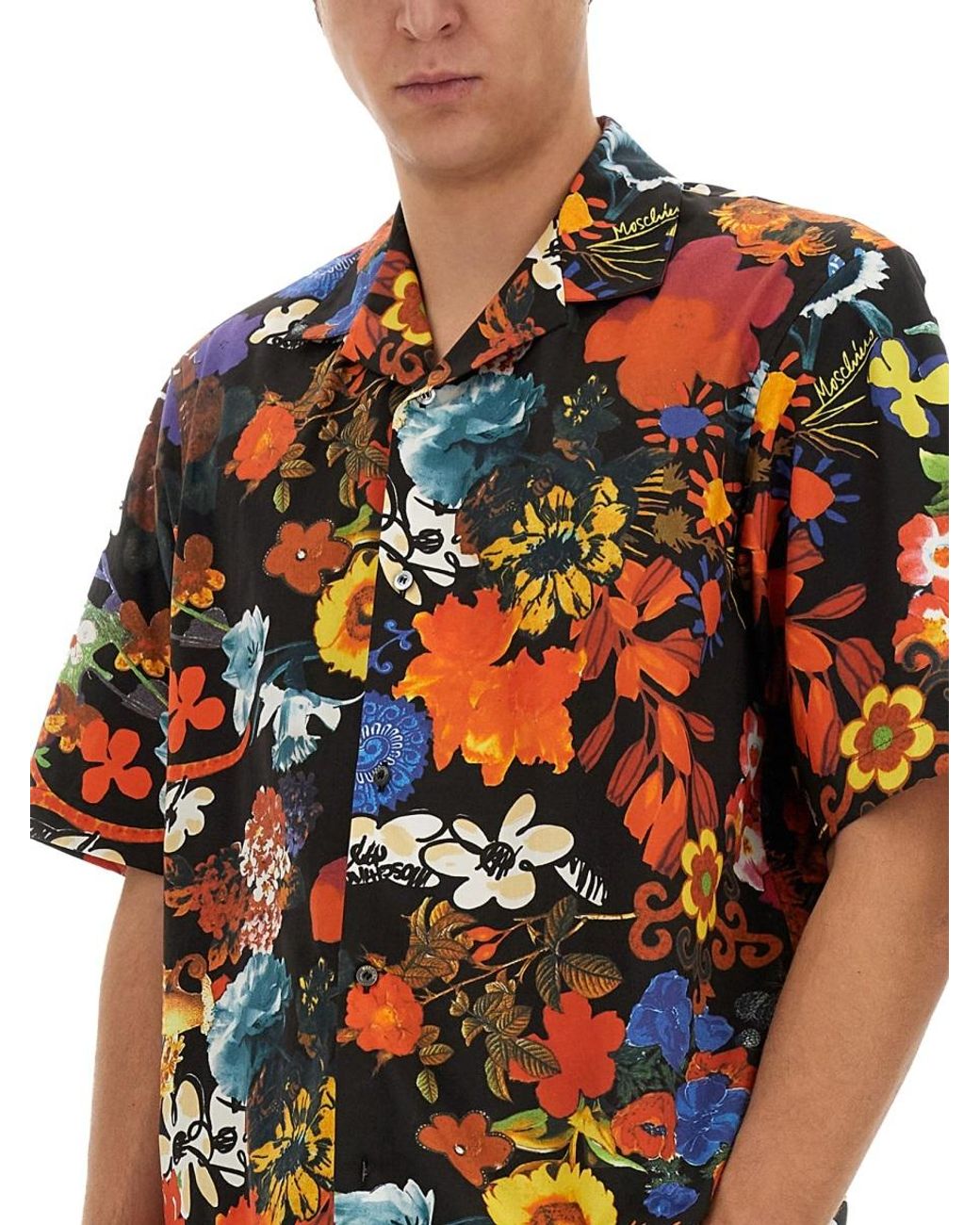 Moschino Black Floral Pattern Short-Sleeved Shirt for men