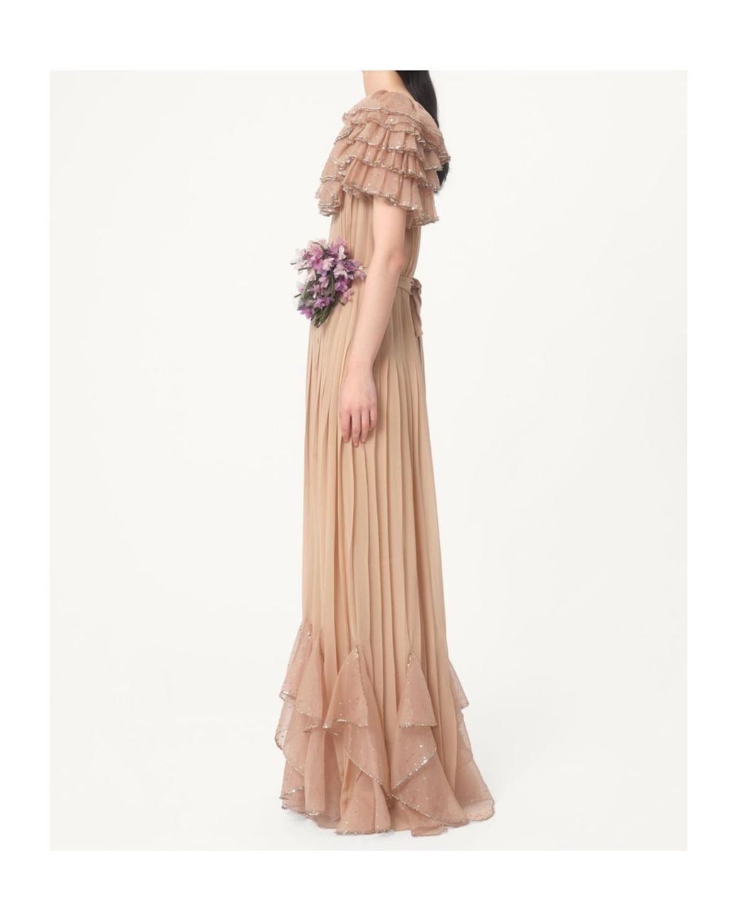 Valentino Natural Floral Embellished Ruffled V-Neck Dress