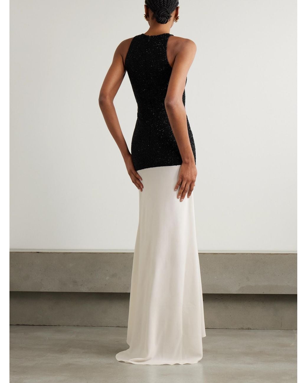 Staud White Gabrielle Layered Bead-Embellished Mesh And Crepe Gown