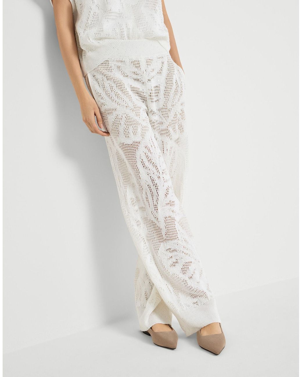 Brunello Cucinelli White Linen And Cotton Dazzling Water Lillies Knit Track Trousers