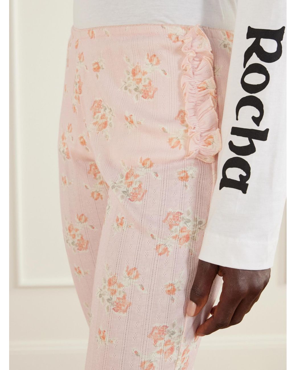 Simone Rocha Natural Ruffled Floral-Print Pointelle-Knit Cotton-Jersey Leggings