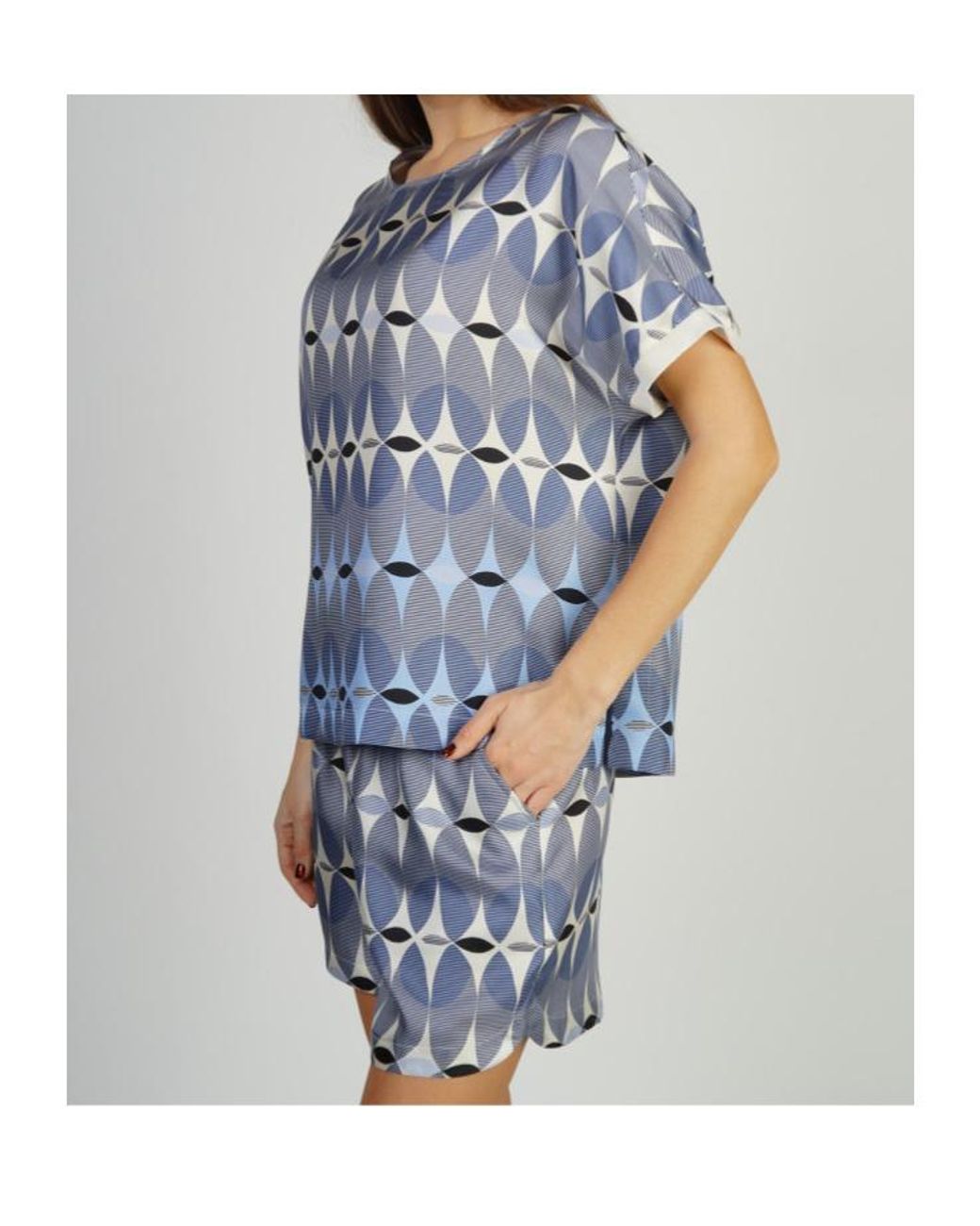 Lorena Antoniazzi Blue Geometric-Print Silk T-Shirt