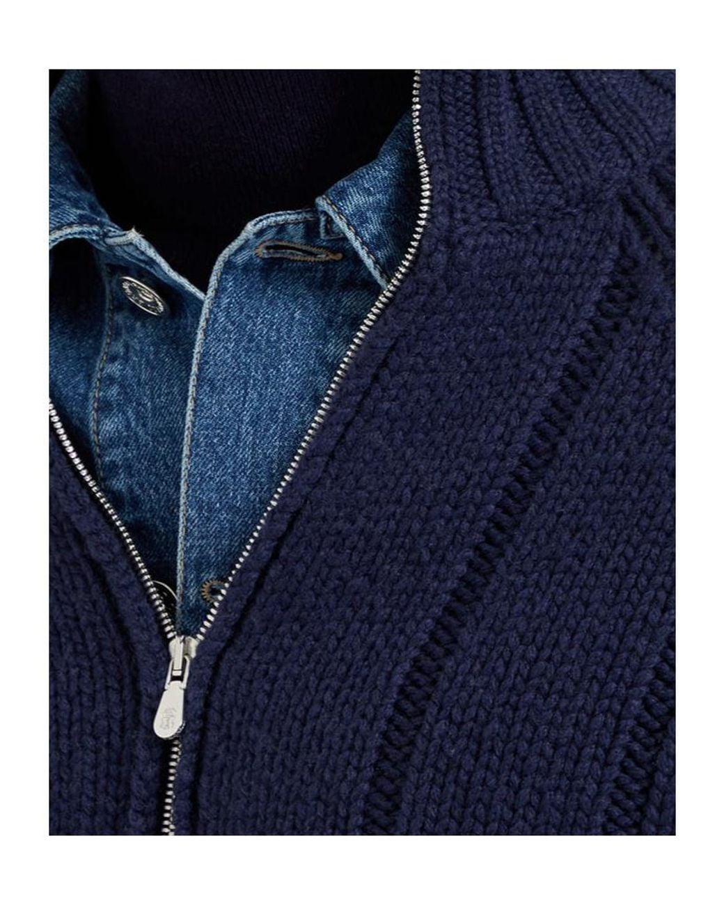 Brunello Cucinelli Blue Zip-Up Ribbed-Knit Jacket for men