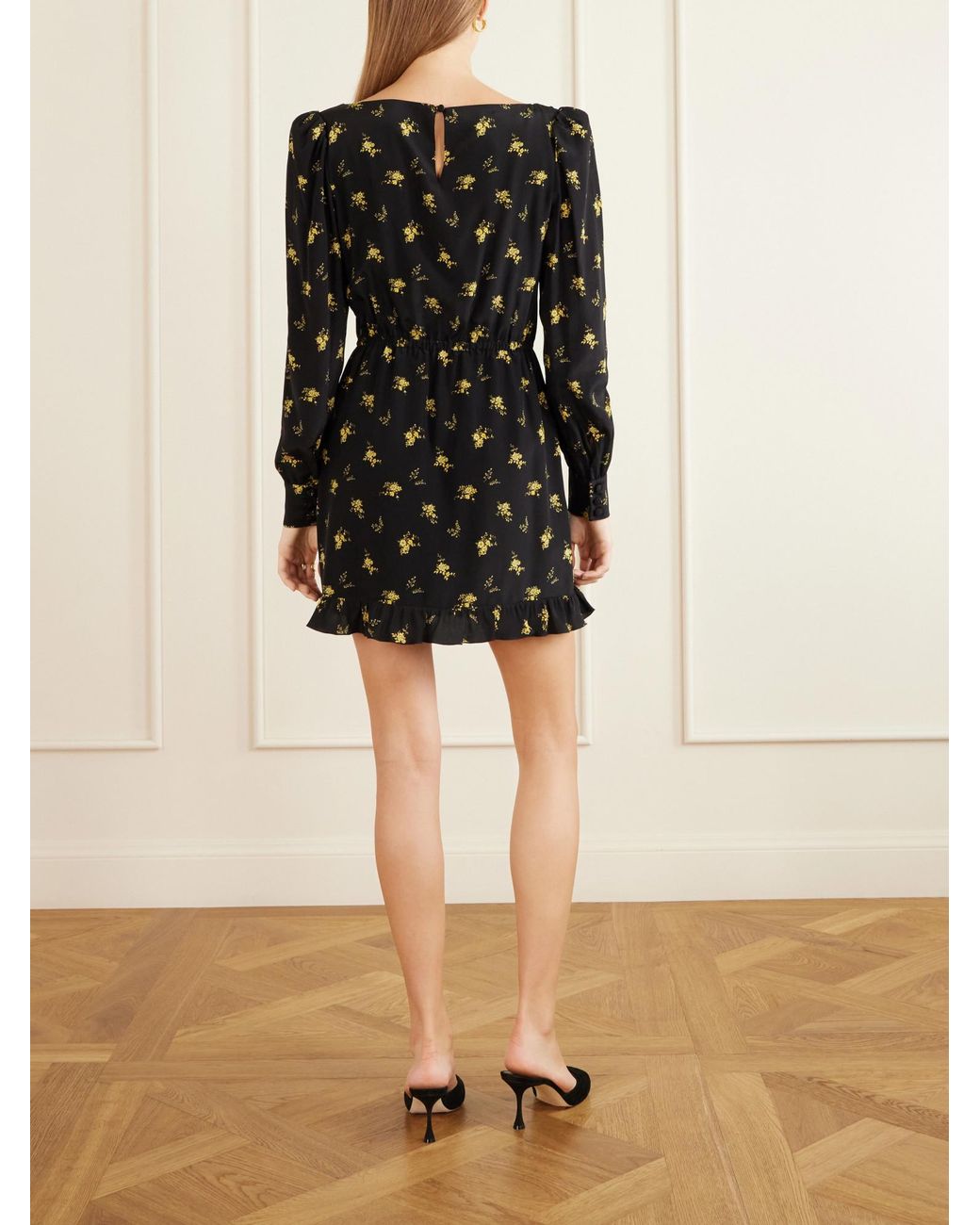 Alessandra Rich Black Ruffled Floral-Print Crepe Mini Dress