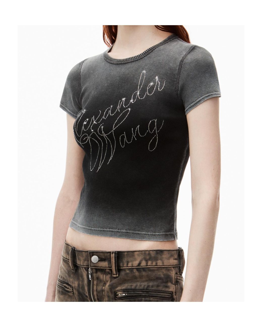 Alexander Wang Gray Hotfix Cursive-Logo Crewneck T-Shirt