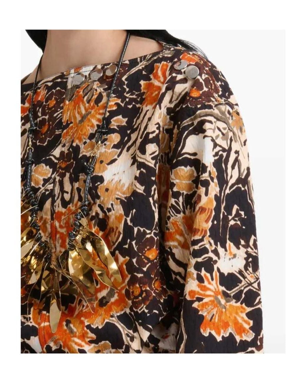 Marni Brown Cloqué Top With Extreme Bouquet Print
