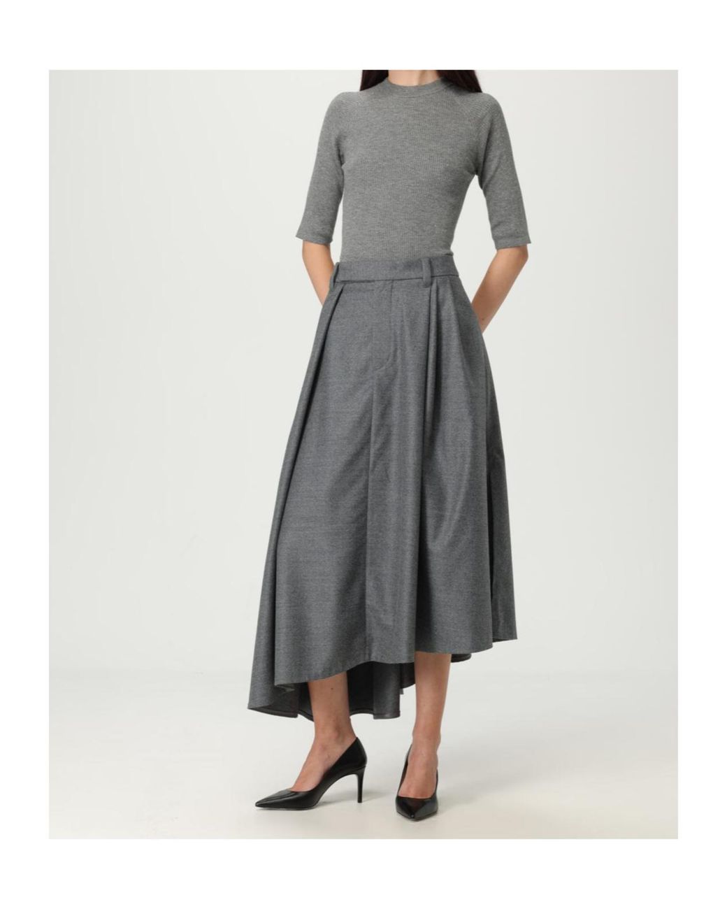Brunello Cucinelli Gray Asymmetrical Hem Midi Skirt