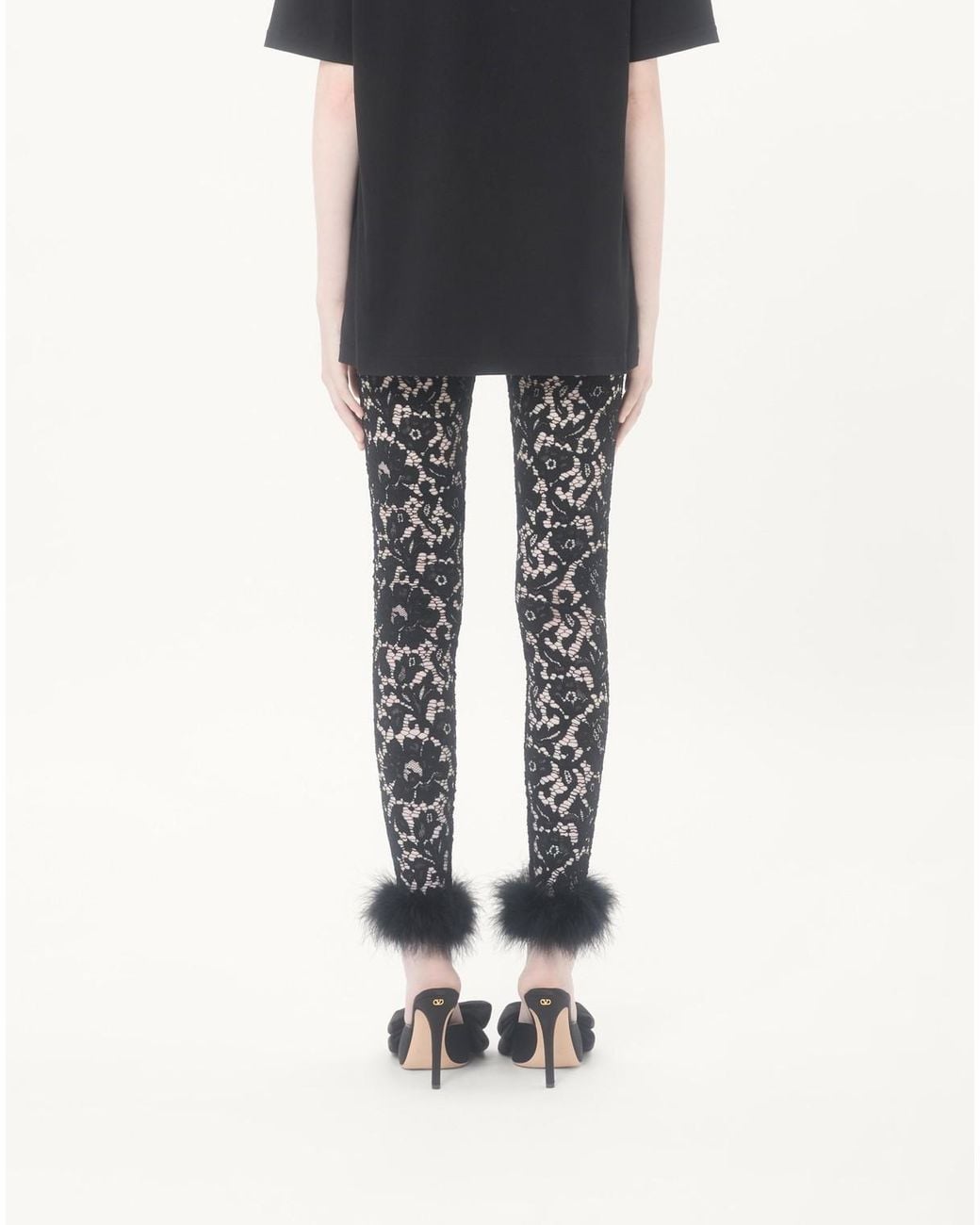 Valentino Black Lace Leggings With Feathers